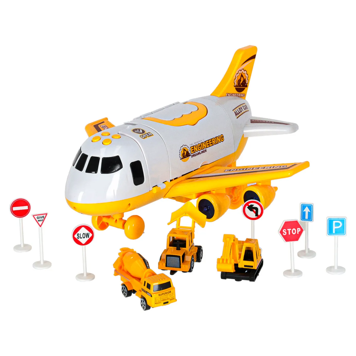 Transporter samolot rozkładany z autami + 3 auta pojazdy budowlane światła dźwięk - obrazek 6