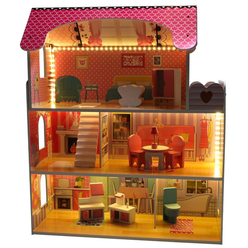 Domek dla lalek drewniany MDF mebelki 70cm różowy LED - obrazek 2