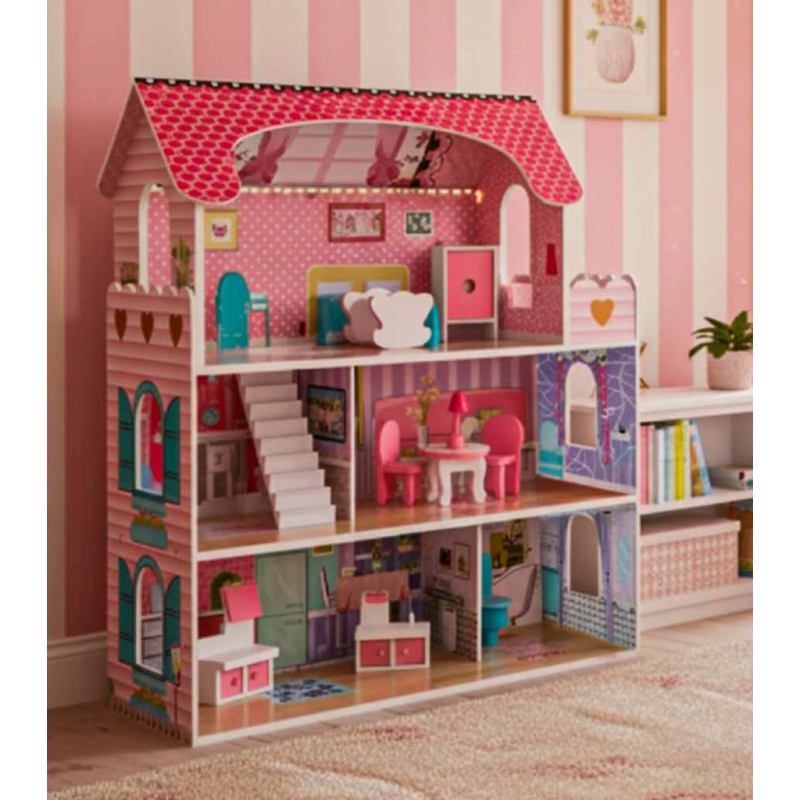 Domek dla lalek drewniany MDF mebelki 70cm różowy LED - obrazek 15