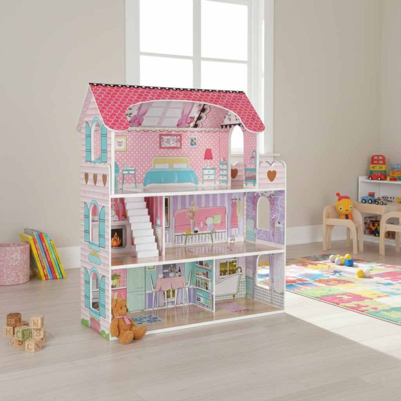 Domek dla lalek drewniany MDF mebelki 70cm różowy LED - obrazek 16