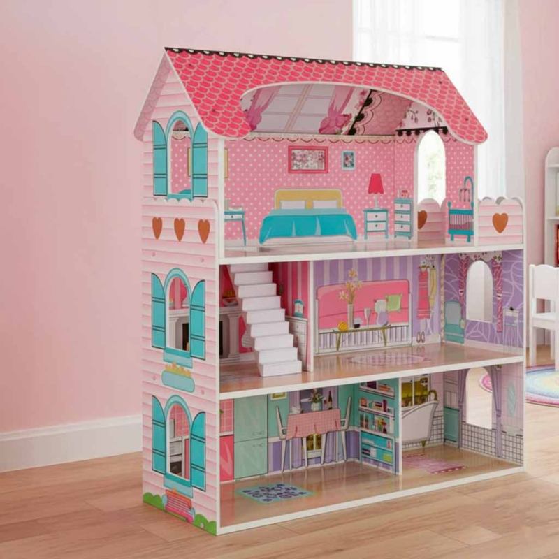 Domek dla lalek drewniany MDF mebelki 70cm różowy LED - obrazek 17