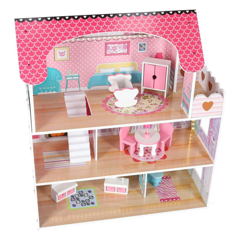 Domek dla lalek drewniany MDF mebelki 70cm różowy LED - obrazek 6