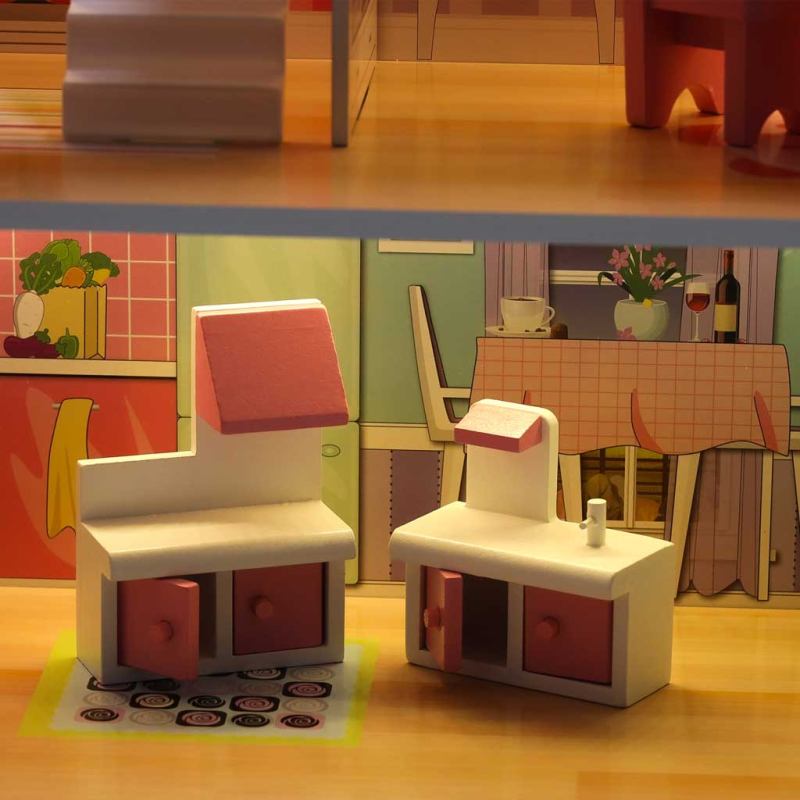 Domek dla lalek drewniany MDF mebelki 70cm różowy LED - obrazek 8