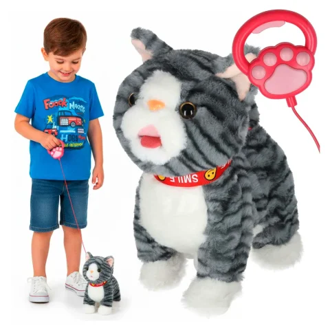 Kotek interaktywny na smyczy miauczy chodzi rusza ogonem szary