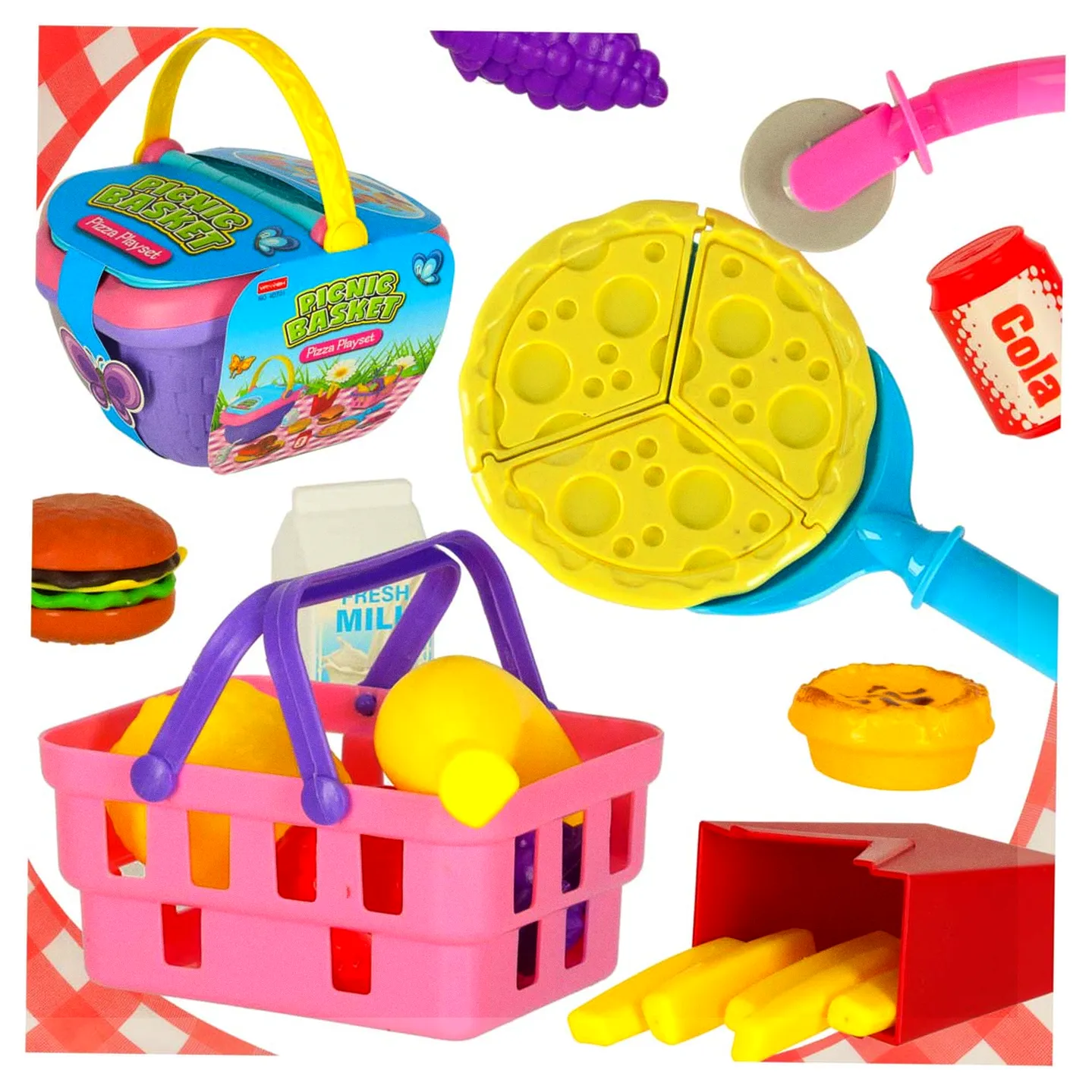 Kosz piknikowy koszyk fast food pizza burger jedzenie prowiant przekąski na piknik