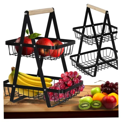 Kosz miska na owoce dwupoziomowy piętrowy metal drewno