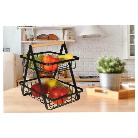 Kosz miska na owoce dwupoziomowy piętrowy metal drewno