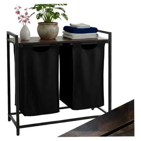 Kosz na pranie bieliznę 2 komory z półką blatem pojemnik loft 80l