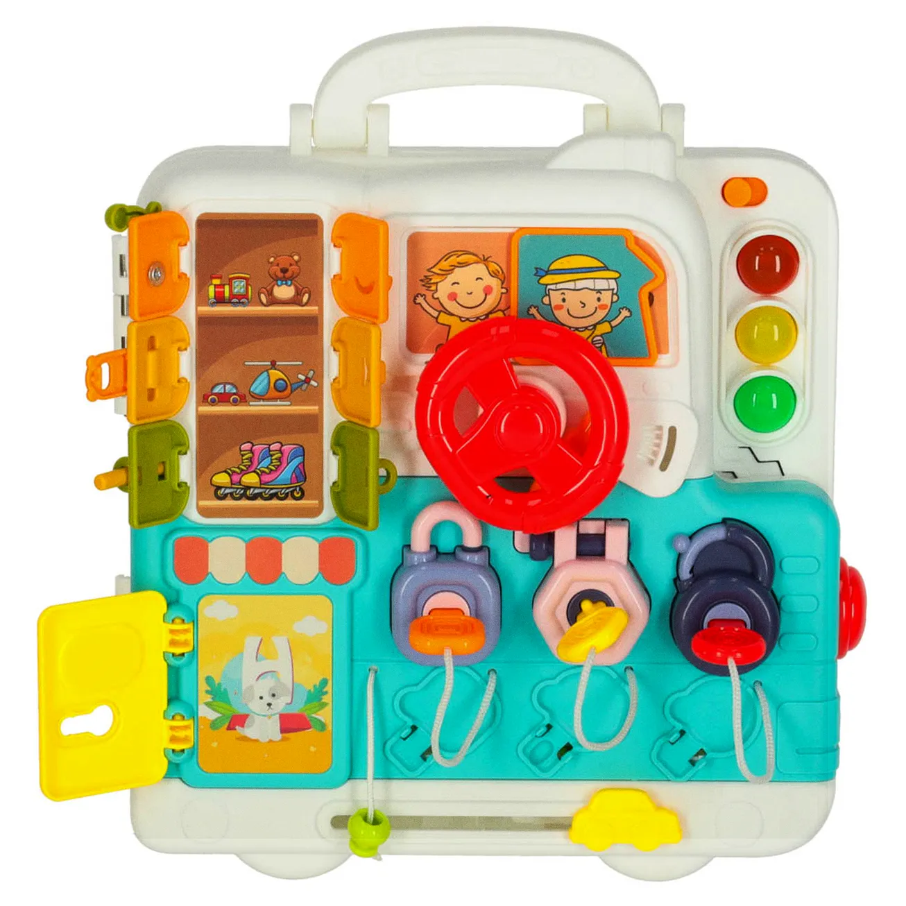 Tablica manipulacyjna sensoryczna montessori walizka pokrętła miś XXL światło dźwięk