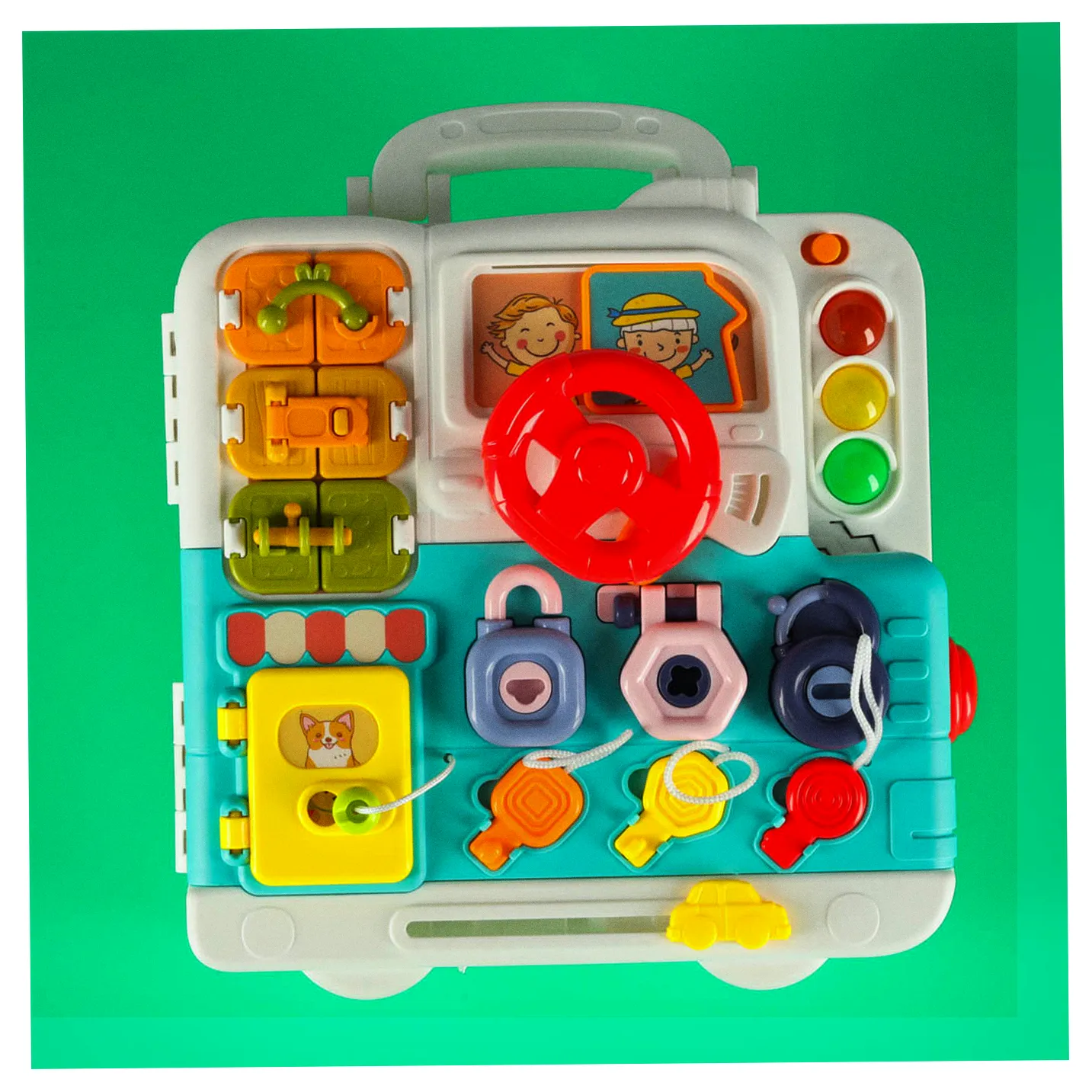 Tablica manipulacyjna sensoryczna montessori walizka pokrętła miś XXL światło dźwięk - obrazek 9