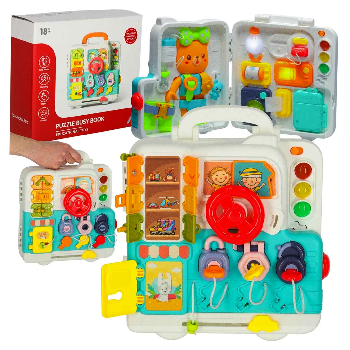 Tablica manipulacyjna sensoryczna montessori walizka pokrętła miś XXL światło dźwięk