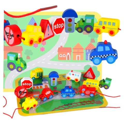 Klocki drewniane do nawlekania tablica plansza samochody pojazdy