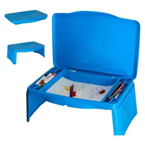 Stolik samochodowy do auta podróżny przenośny składany dla dzieci ze schowkiem niebieski