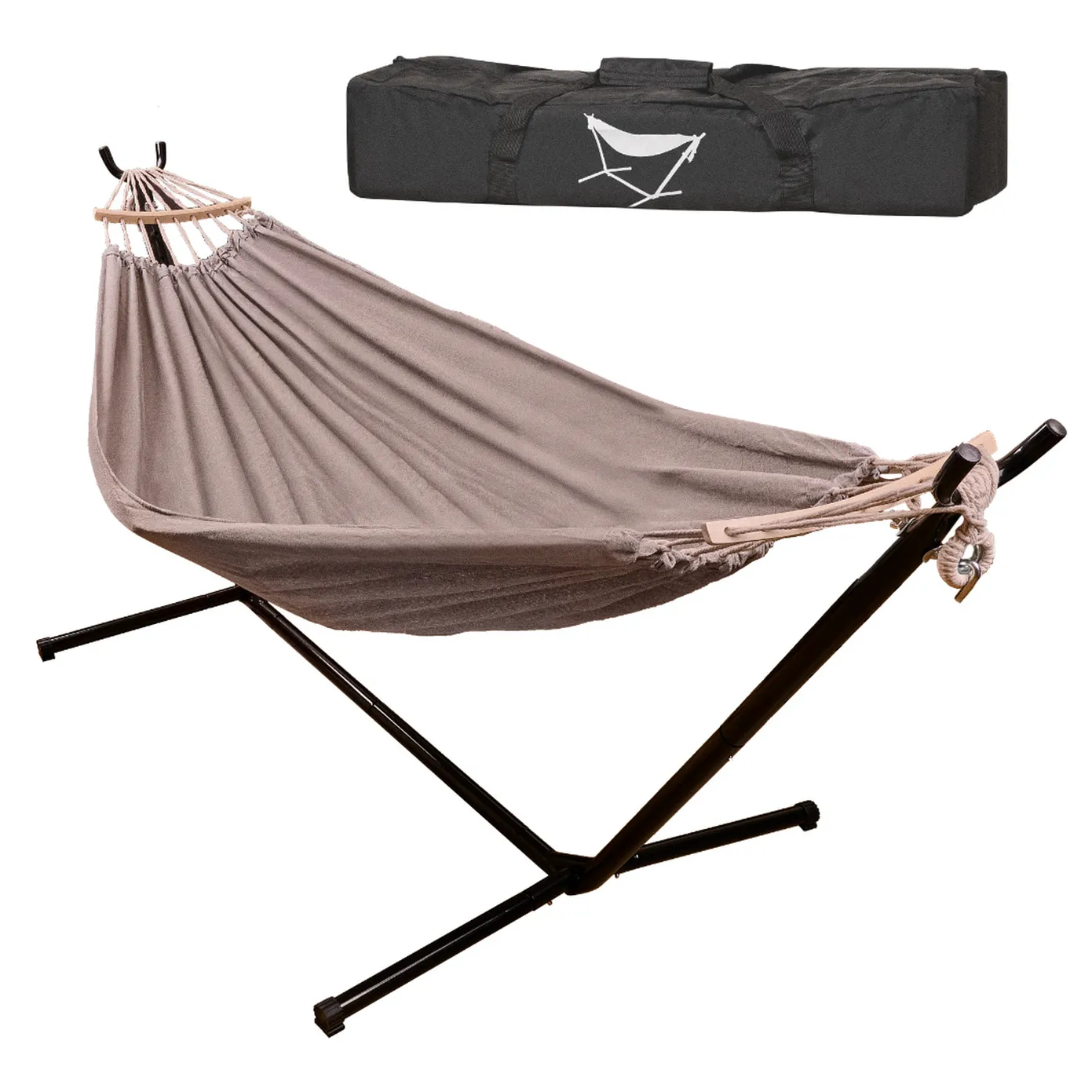 Hamak ogrodowy ze stelażem huśtawka duża mocna pokrowiec 247cm 100kg