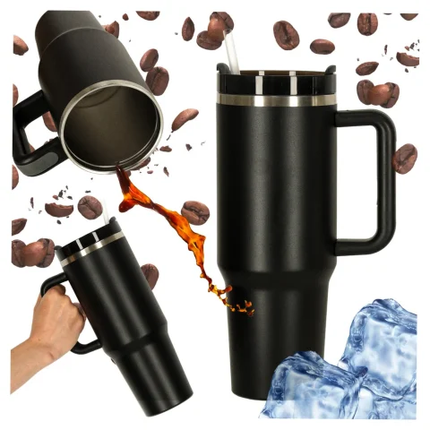 Kubek termiczny ze słomką i uchwytem termos 1200ml czarny
