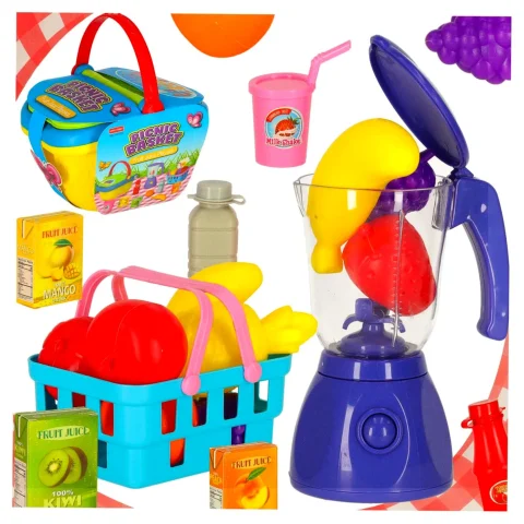 Kosz piknikowy koszyk owoce soki napoje jedzenie prowiant przekąski na piknik