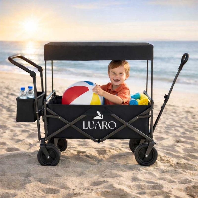 Wózek transportowy LUARO plażowy składany z daszkiem i siatką czarny 120L - obrazek 13