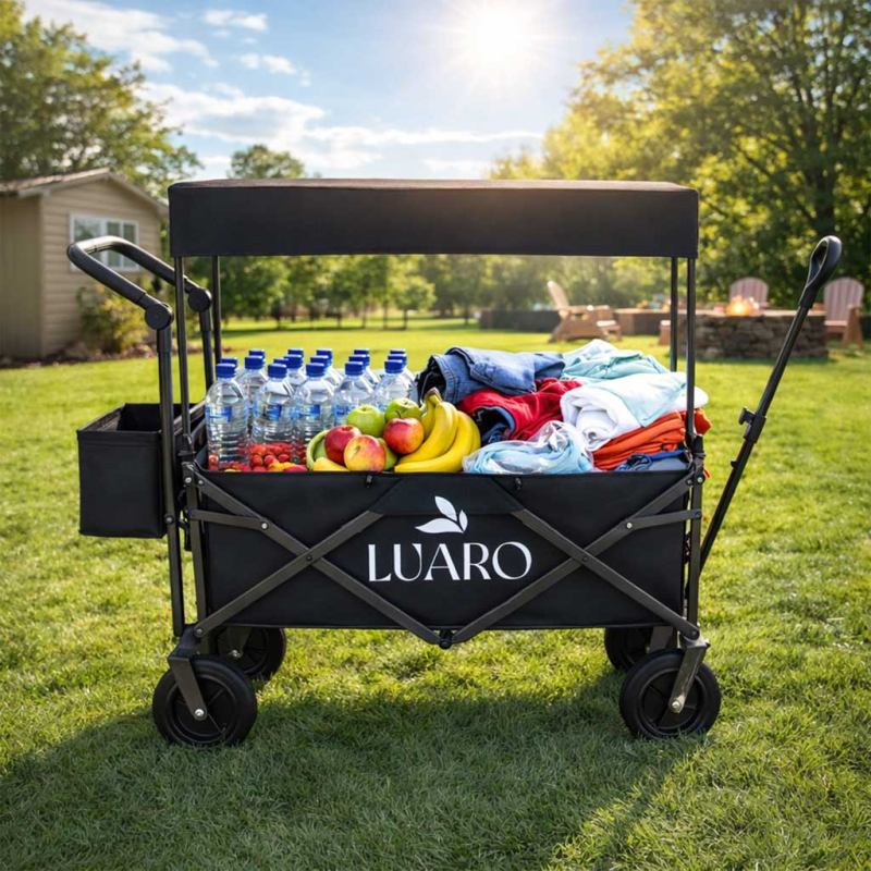 Wózek transportowy LUARO plażowy składany z daszkiem i siatką czarny 120L - obrazek 8