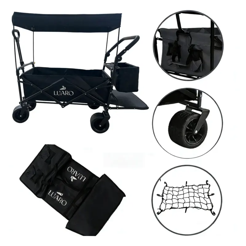 Wózek transportowy LUARO plażowy składany z daszkiem i siatką czarny