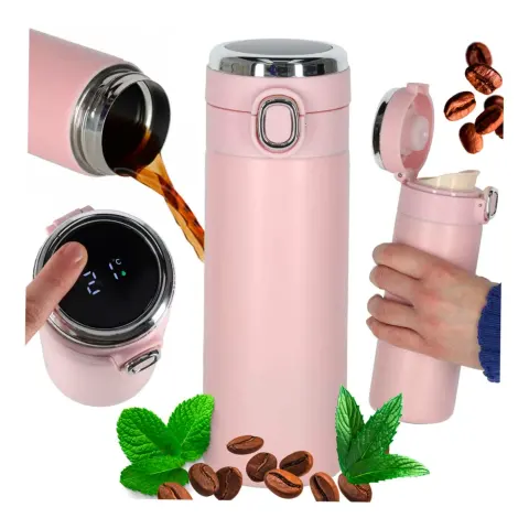 Kubek termiczny z ustnikiem termos LED 350ml róż