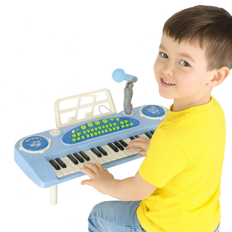 Keyboard dla dzieci pianinko interaktywne organki 37 klawiszy mikrofon statyw niebieski - obrazek 12
