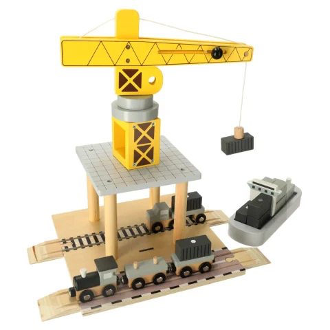 Dźwig drewniany żuraw port morski + statek auta