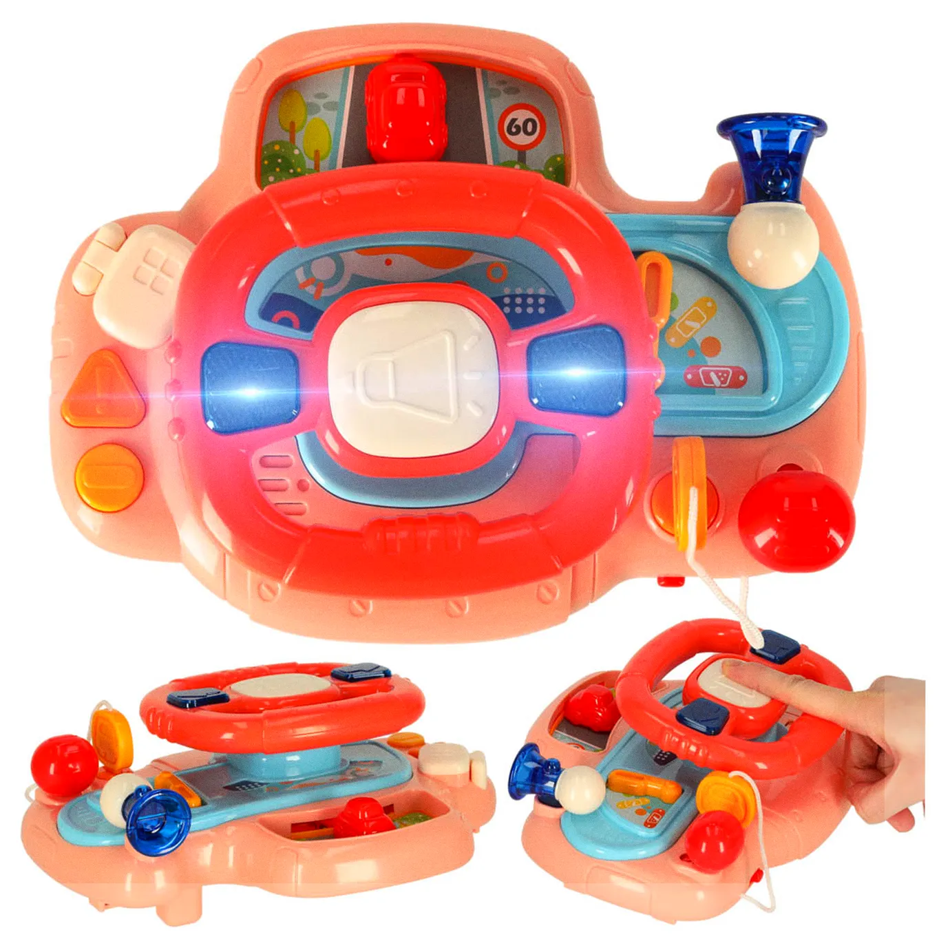 Zabawka interaktywna kierownica dla dzieci dziecka malucha do wózka symulator muzyka dźwięki różowa