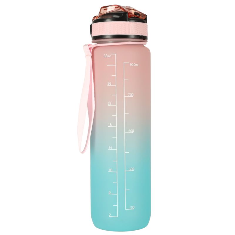 Butelka na wodę bidon ze słomką uchwytem miarką motywacyjną na siłownię BPA free Tritan 1l róż błękit - obrazek 2