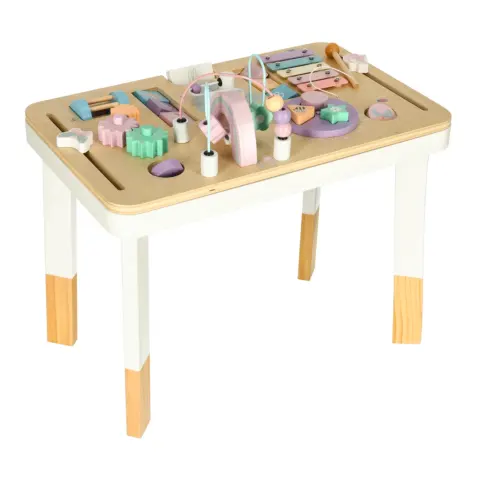 Tablica manipulacyjna LULILO LUDO stolik drewniany sensoryczny 2w1 różowy