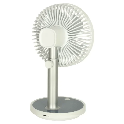 Wentylator biurkowy wiatrak przenośny bezprzewodowy USB z akumulatorem regulowany 4 poziomy mocy LED 38cm biały