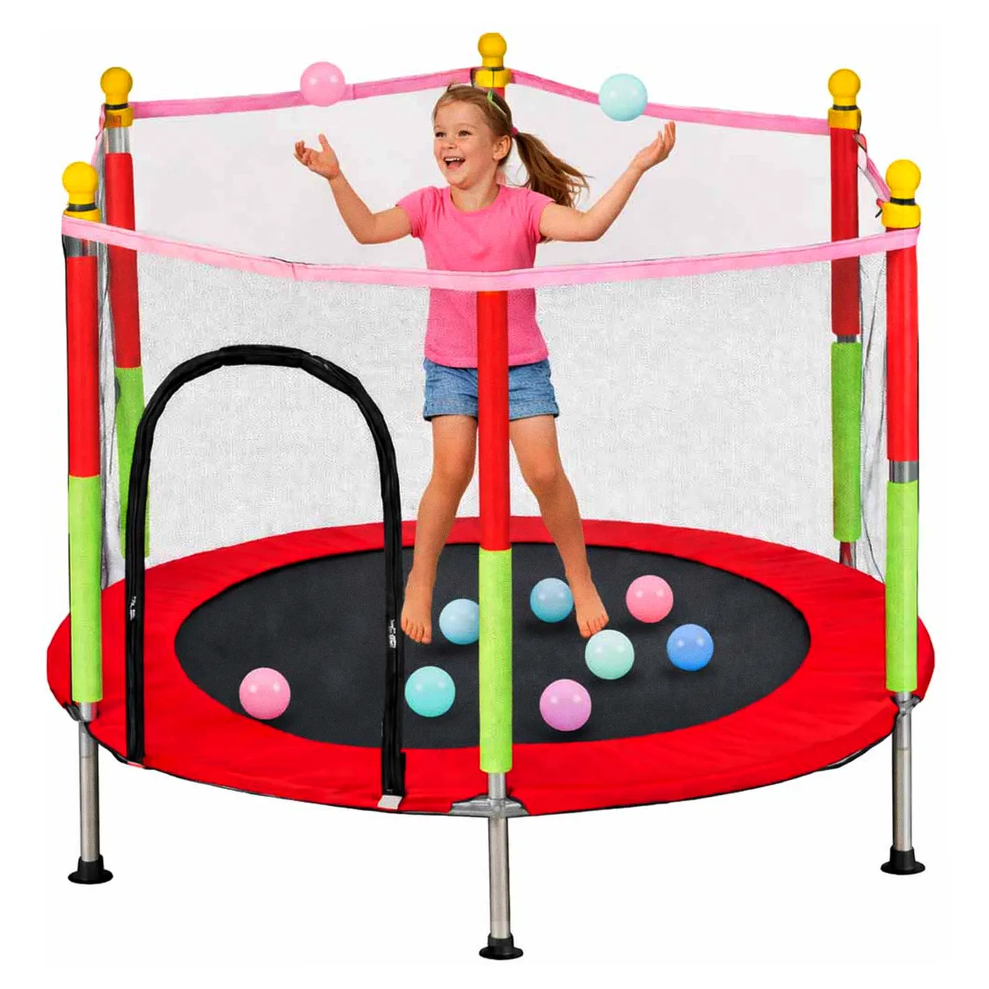 Trampolina do domu ogrodu dla dzieci siatka piłki 140cm 55inch czerwona - obrazek 7