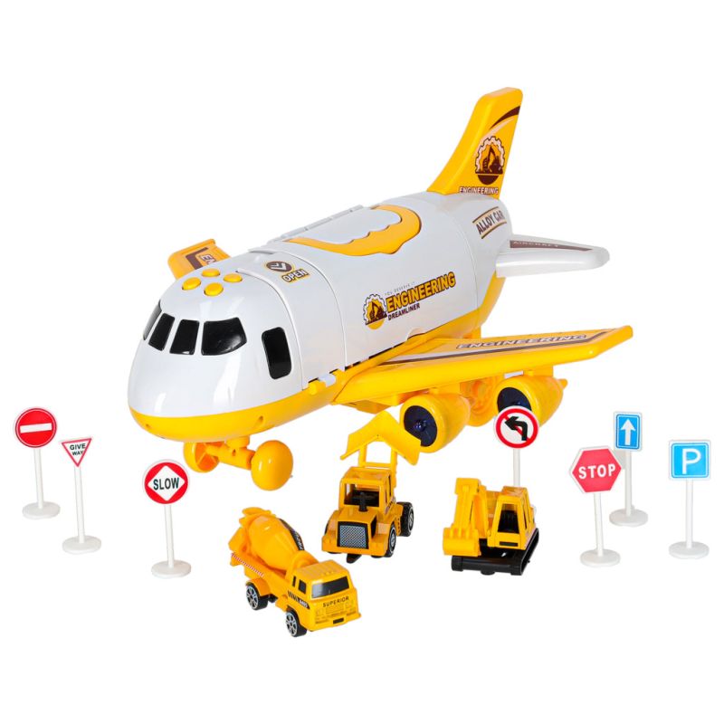 Transporter samolot rozkładany z autami + 3 auta pojazdy budowlane światła dźwięk - obrazek 6