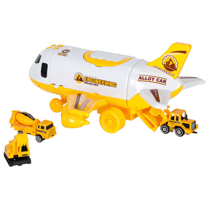 Transporter samolot rozkładany z autami + 3 auta pojazdy budowlane światła dźwięk - obrazek 7