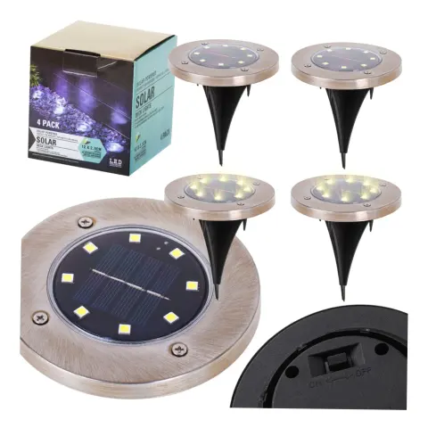 Lampy ogrodowe solarne najazdowe gruntowe czujnik zmierzchu wbijane świecący dysk 8LED 4szt. ciepły biały