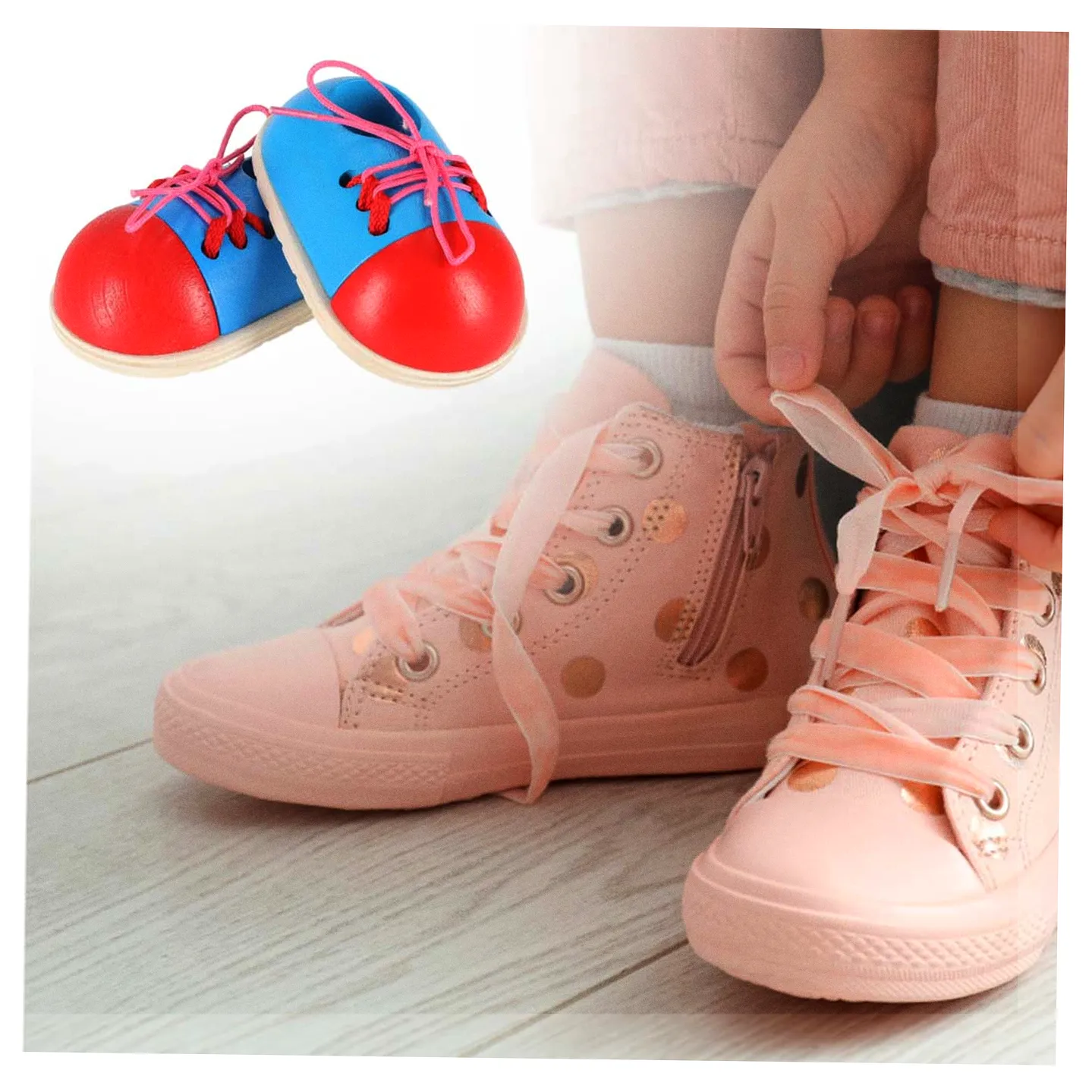 Buty drewniane do nauki sznurowania wiązania sznurowadeł 2 sztuki - obrazek 9