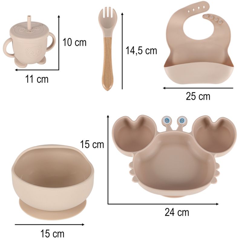 Naczynia silikonowe dla dzieci niemowląt krab zestaw 9 elementów beżowe - obrazek 10