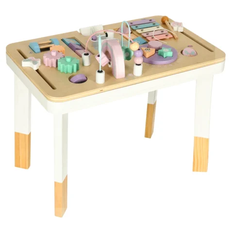 Tablica manipulacyjna LULILO LUDO stolik drewniany sensoryczny 2w1 różowy