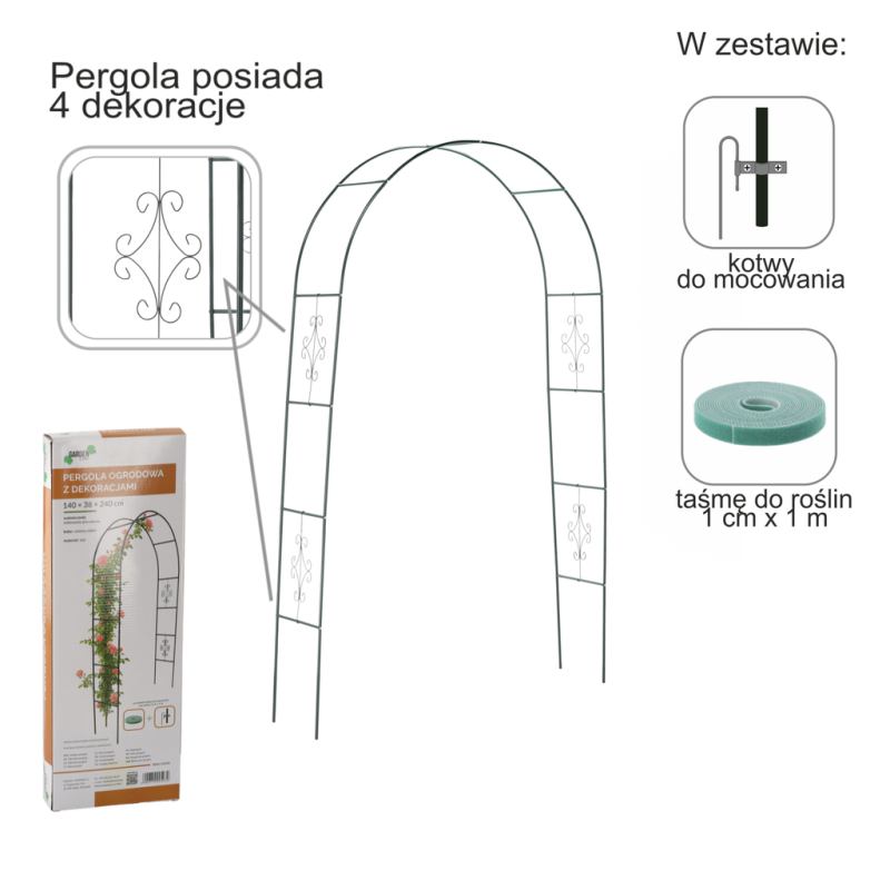 Pergola ogrodowa metalowa łuk uchwyt na róże kwiaty pnącza 240cm zielony