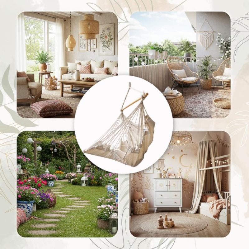 Krzesło brazylijskie z podnóżkiem leżak wiszący huśtawka 130cm beż - obrazek 11