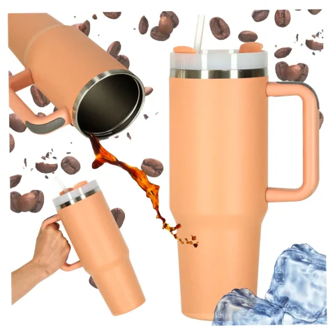 Kubek termiczny ze słomką i uchwytem termos 1200ml róż pudrowy