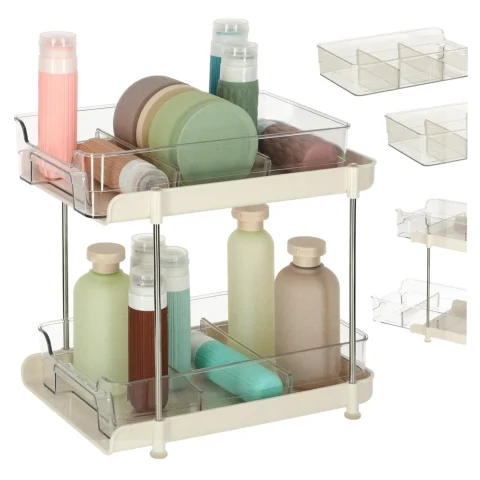 Organizer stojak na biurko do kuchni łazienki wysuwana półka z przegrodami na kosmetyki akrylowy 2-poziomowy