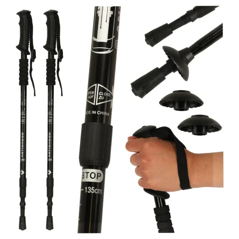 Kijki kije trekkingowe składane spacerowe do chodzenia nakładki 2 sztuki czarne