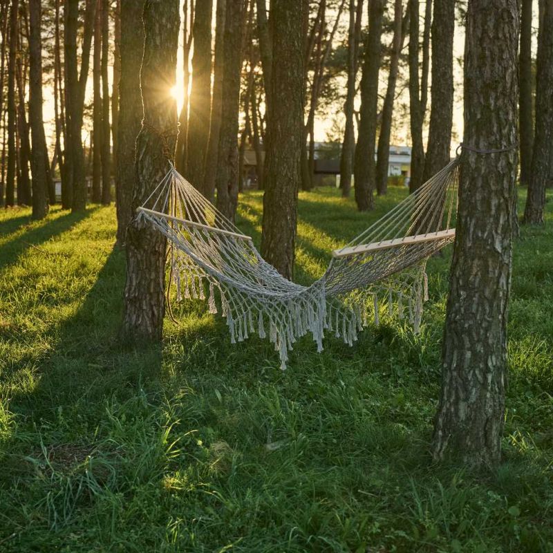 Hamak ogrodowy boho siatka frędzle leżak wiszący makrama 200cm Szary - obrazek 8
