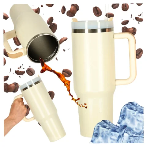 Kubek termiczny ze słomką i uchwytem termos 1200ml kremowy
