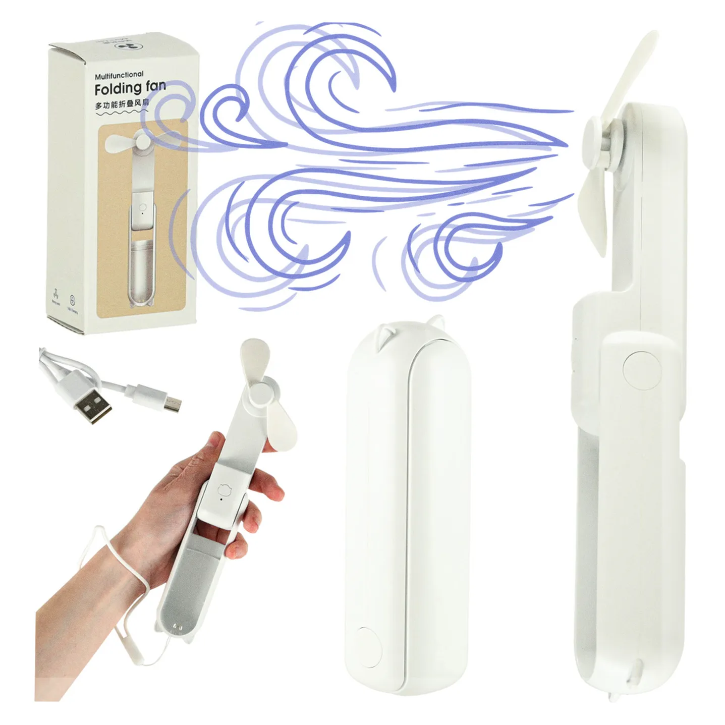 Wiatrak biurkowy wentylator mini ręczny składany wiatraczek przenośny USB biały