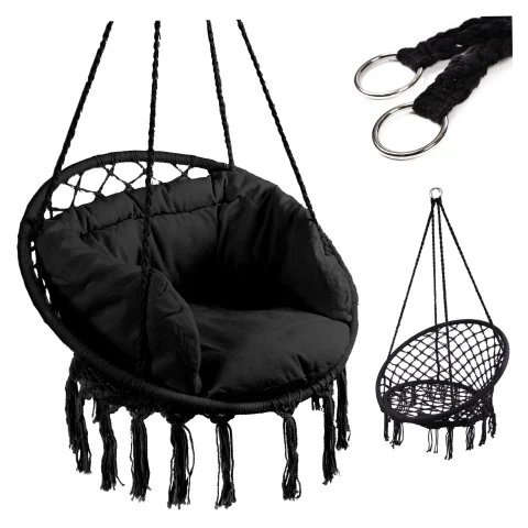 Huśtawka LUARO fotel bocianie gniazdo z poduszką czarne 80cm 150kg