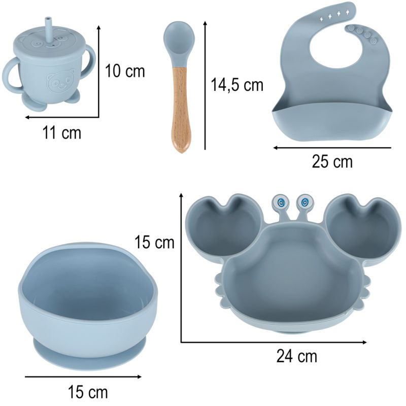 Naczynia silikonowe dla dzieci niemowląt krab zestaw 9 elementów niebieskie - obrazek 10