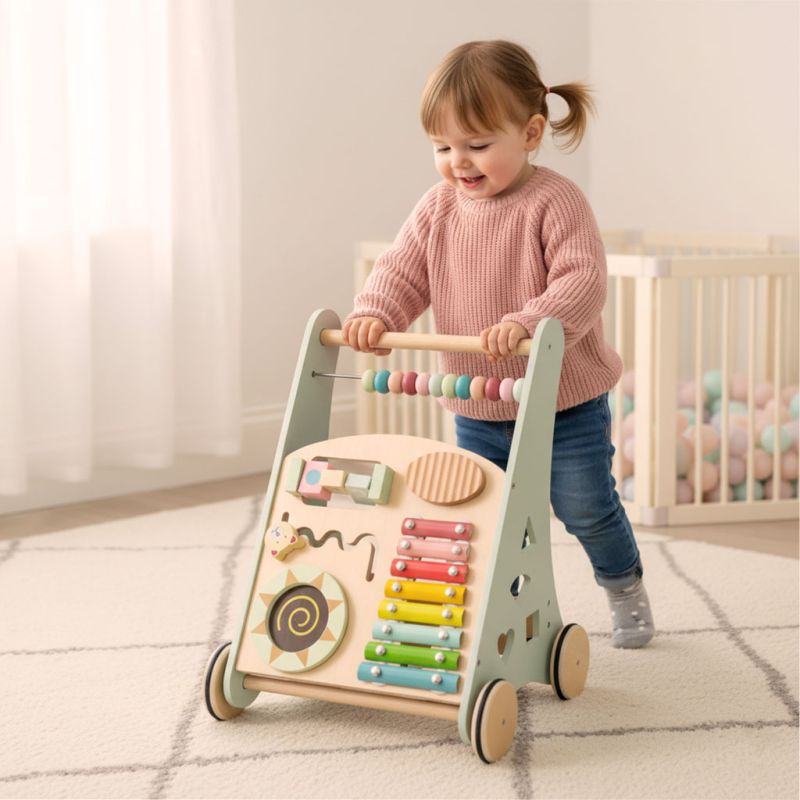 Pchacz dla dziecka chodzik drewniany z liczydłem niebieski - obrazek 16