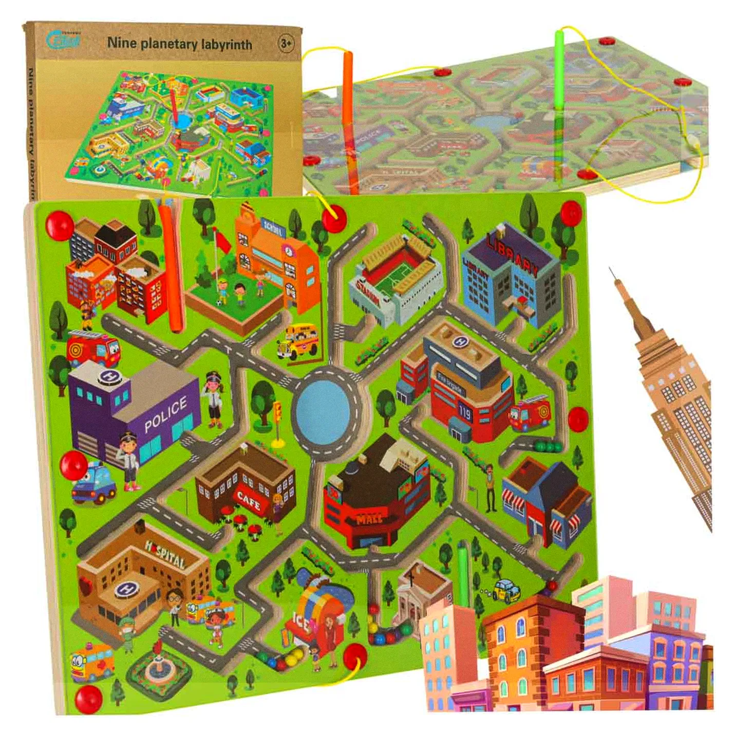 Gra labirynt magnetyczna planszowa drewniana do podróży duże miasto 2 graczy