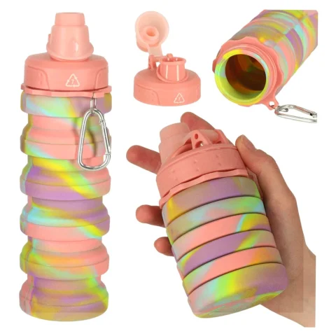 Butelka na wodę bidon silikonowy składany z uchwytem BPA FREE 500ml tęczowy